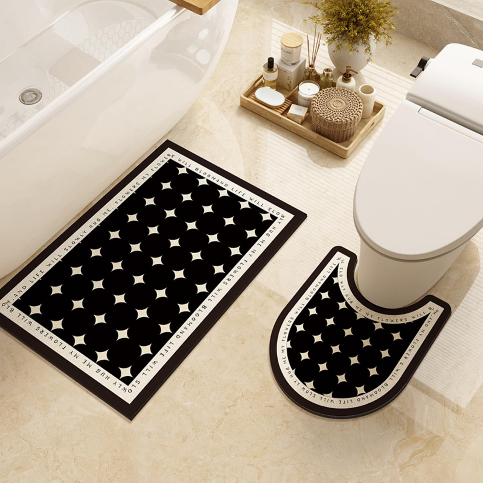 Tapis toilette WC contour 90x60 cm noir à motif carré en diatomite