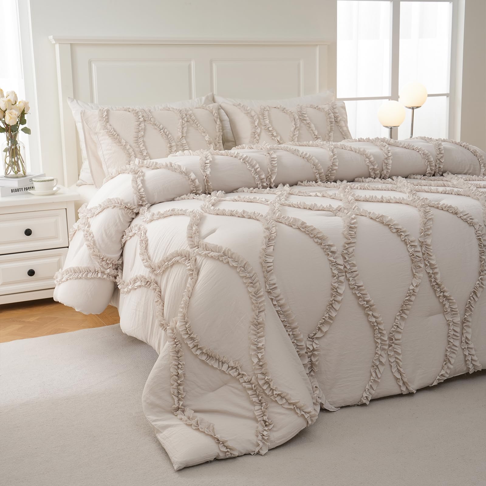 Bedbay Ruffle Comforter Queen Size,Country Farmhouse Bedding Sets,Ruffled Queen Shabby Chic Comforter Bed Set Beige Grey 3 Pcs Ruffle Bedding for Women Girls(Tan Beige,Queen)