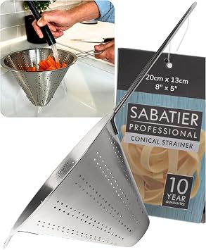 Sabatier Stainless Steel Professional Conical Strainer   Durable Sieve with Handle & Hook, Dishwasher Safe, Perfect for Straining Pasta, Rice, Vegetables, Fruit, Sauce, Stocks & Soup. Large 20cm Dia.