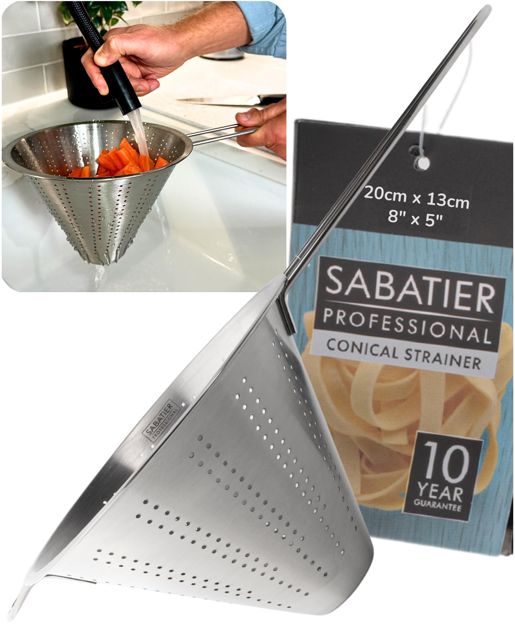 Sabatier Stainless Steel Professional Conical Strainer – Durable Sieve with Handle & Hook, Dishwasher Safe, Perfect for Straining Pasta, Rice, Vegetables, Fruit, Sauce, Stocks & Soup. Large 20cm Dia.