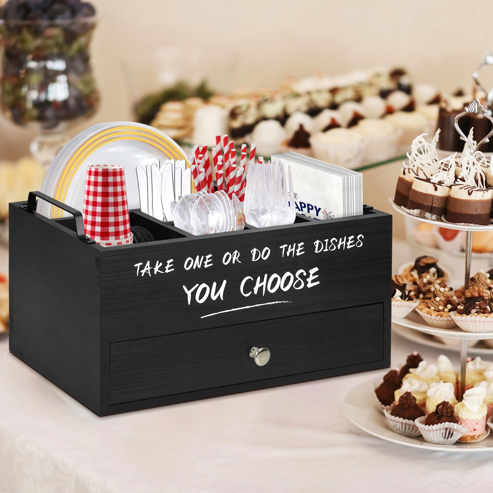 Soportes para platos de papel con cajón para encimera de cocina (negro-2)