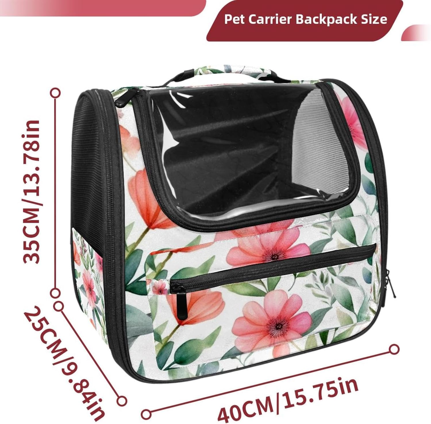 Portable Travel pet Backpack Carrier Hamster Bag Small Dog cat Carrier Breathable Hang Bag, Pink Flowers with Leaves