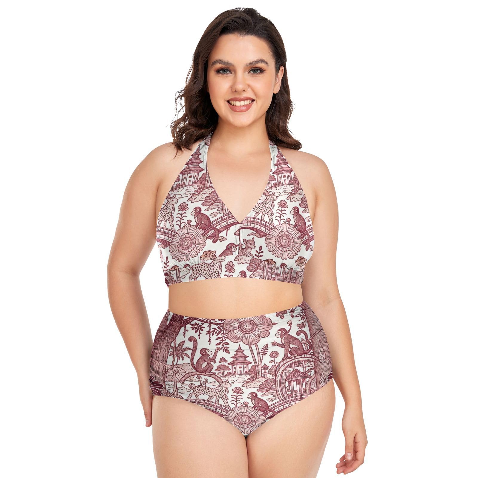 Traje de baño de cintura alta y bikini triangular de talla grande ajustable rosa 7