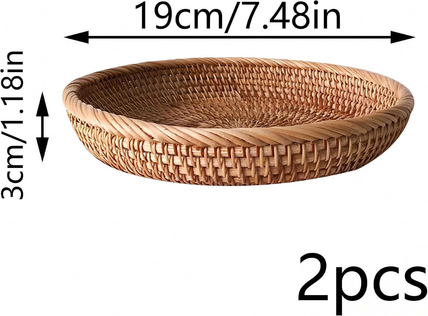 2-Pack 7.5" Rattan Round Key Baskets, Woven Wicker Storage Bowls