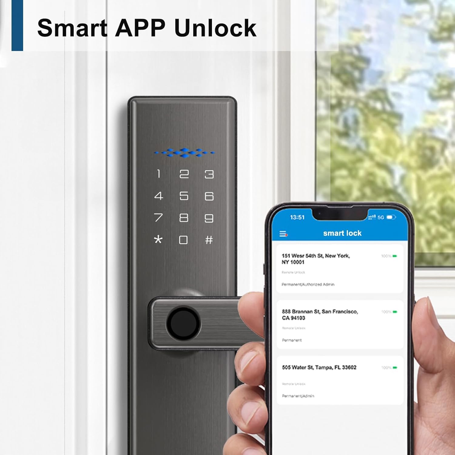 Image showing a person interacting with the smart lock, highlighting the Auto-lock feature (10-99 seconds) and 2-second One-touch Lock.