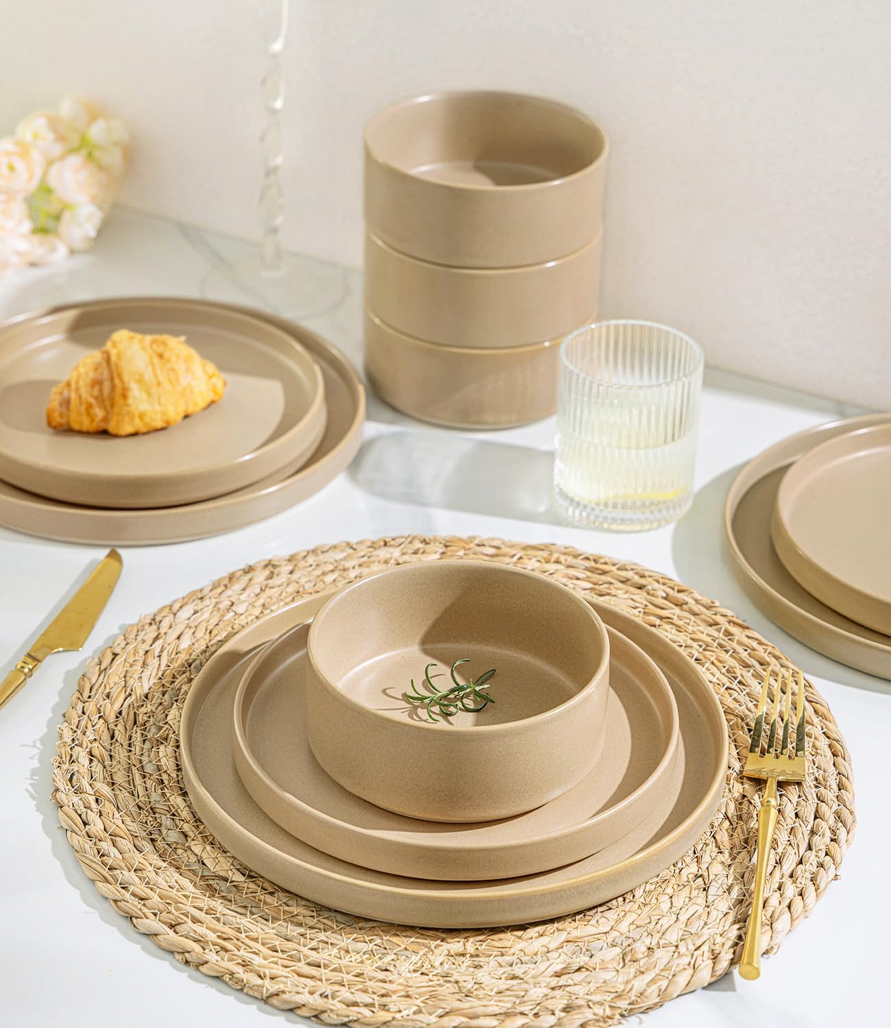 TheTerra Ceramic Dinnerware Sets for 4, 12 Pieces Handmade Reactive Glaze Plates and Bowls Set, Scratch Resistant Dish Set, Oven & Microwave & Dishwasher Safe, Ivory Cream