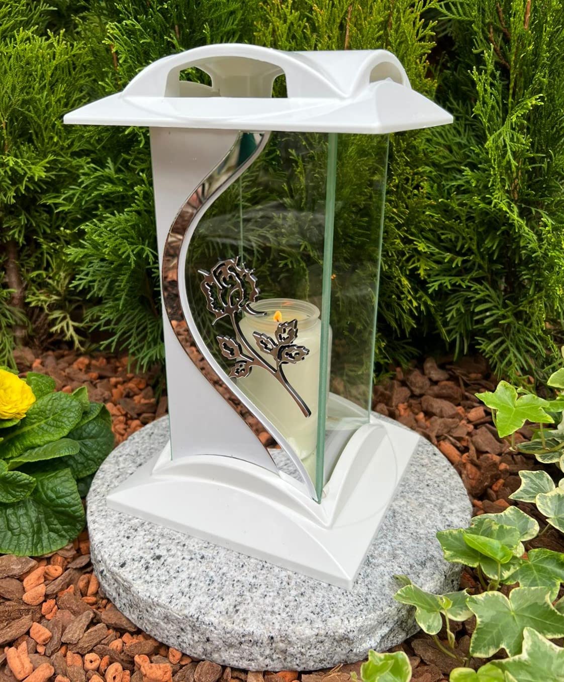 Lampada Tombale Elettrica Con Motivo Oro/Nero: Lanterna Cimiteriale Resistente Alle Intemperie Con Vetro E Candela Inclusa – Decorazione Dignitosa Per Ricordo Dei Cari - 5
