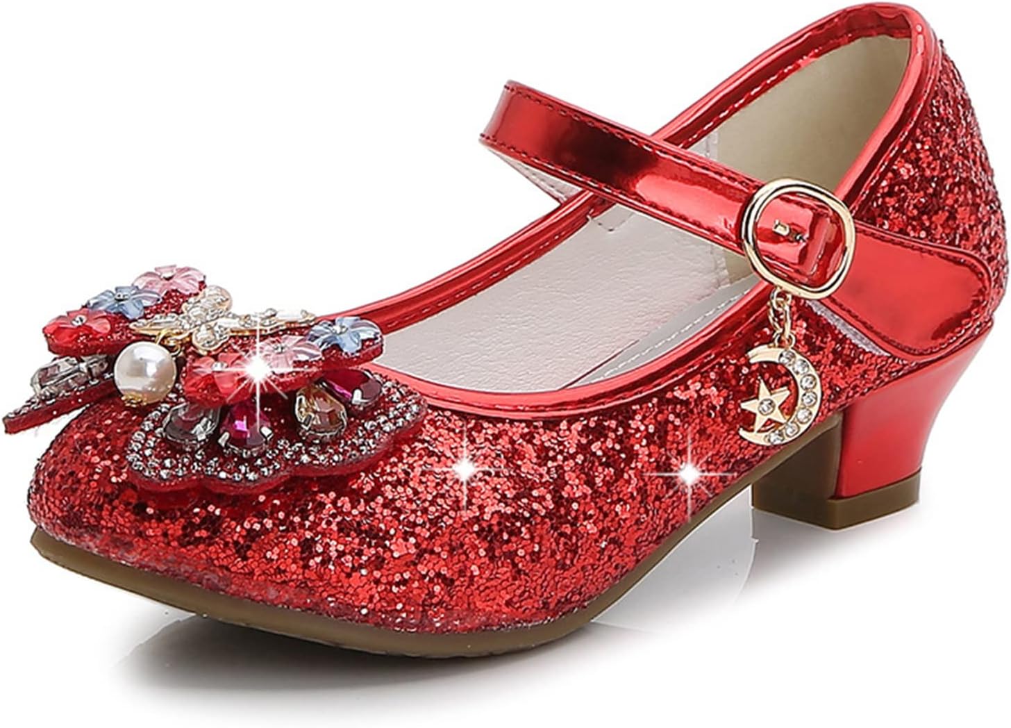 Unifizz Girls Dress Shoes Glitter Princess Shoe Flower Bow Mary Jane Low Heels Party Wedding Pumps for Toddler Kids
