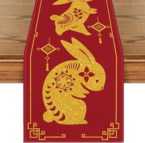 Artoid Mode Camino de mesa de año nuevo con conejo del zodiaco chino 2023, decoración de mesa de comedor de cocina de invierno para el hogar,