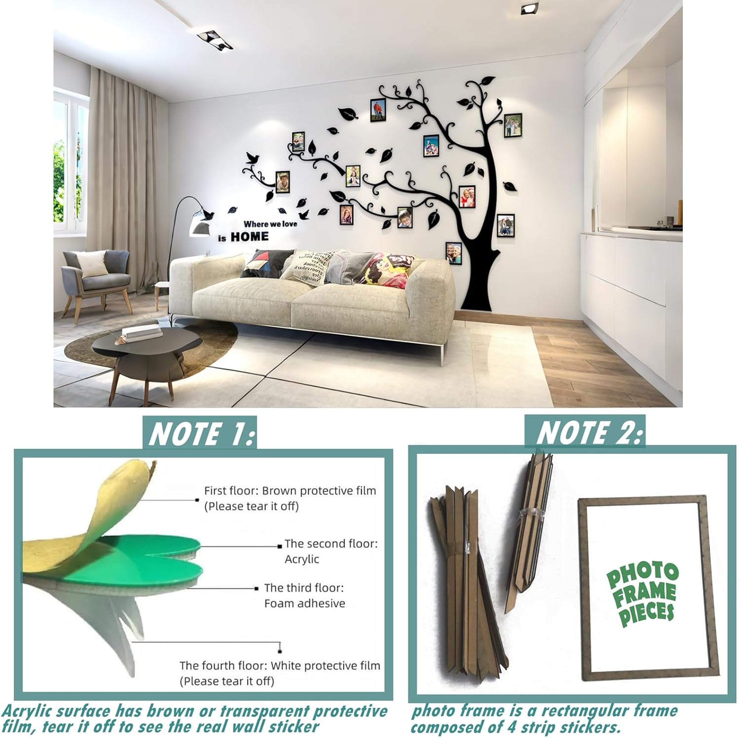 3D Tree Wall Stickers - DIY Photo Frame Tree Wall Decal Family Photo Frame Sticker Murals Wall Decor Living Room Bedroom TV Background Home Decorations (L:91 * 69in,Black Left)