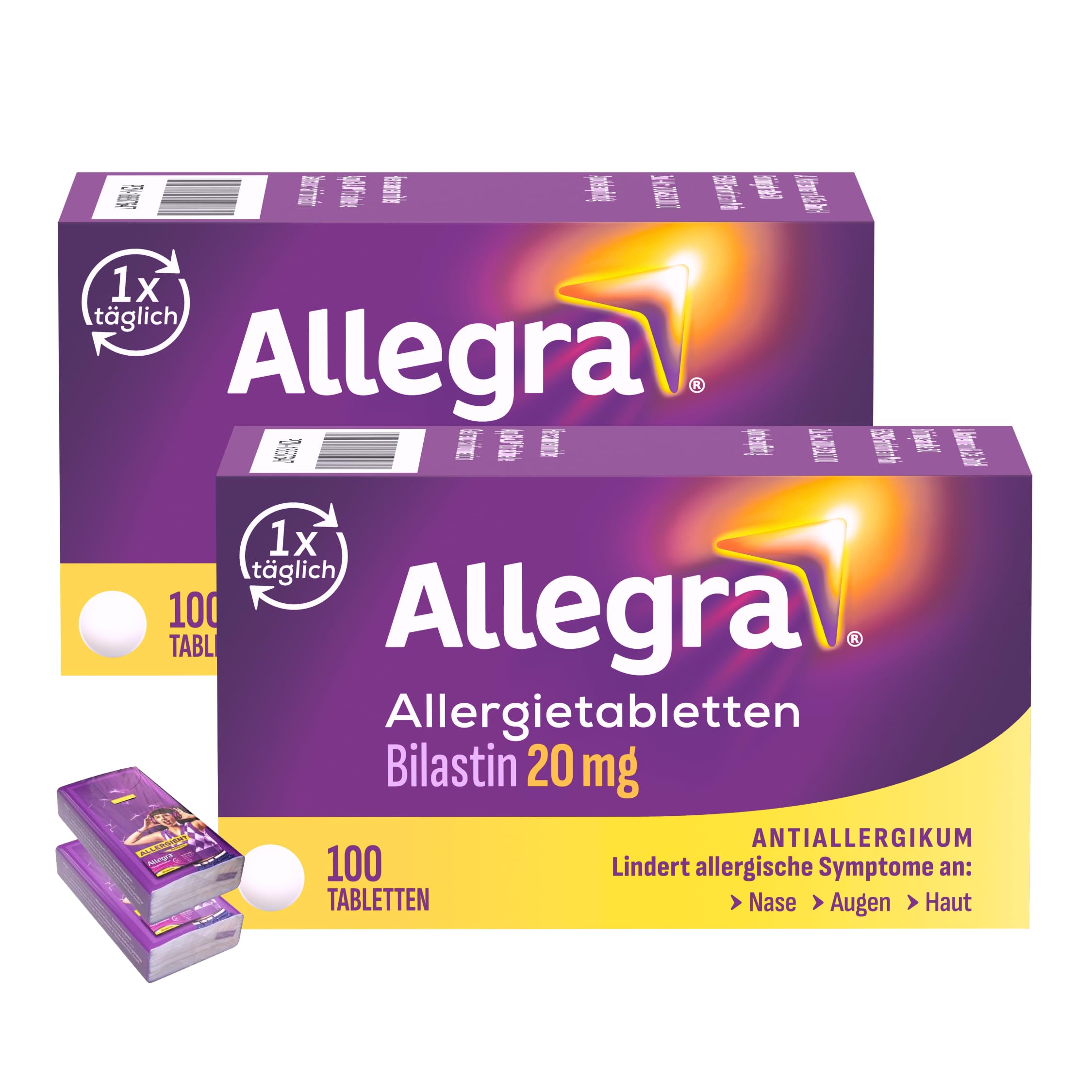 Allegra Allergietabletten | 2 x 100 Stk & Allegra Taschentücher | Antihistaminikum | Wirkstoff Bilastin | schnell und 24 Std wirksam bei Heuschnupfen, Tierhaar-, Hausstaubmilbenallergie