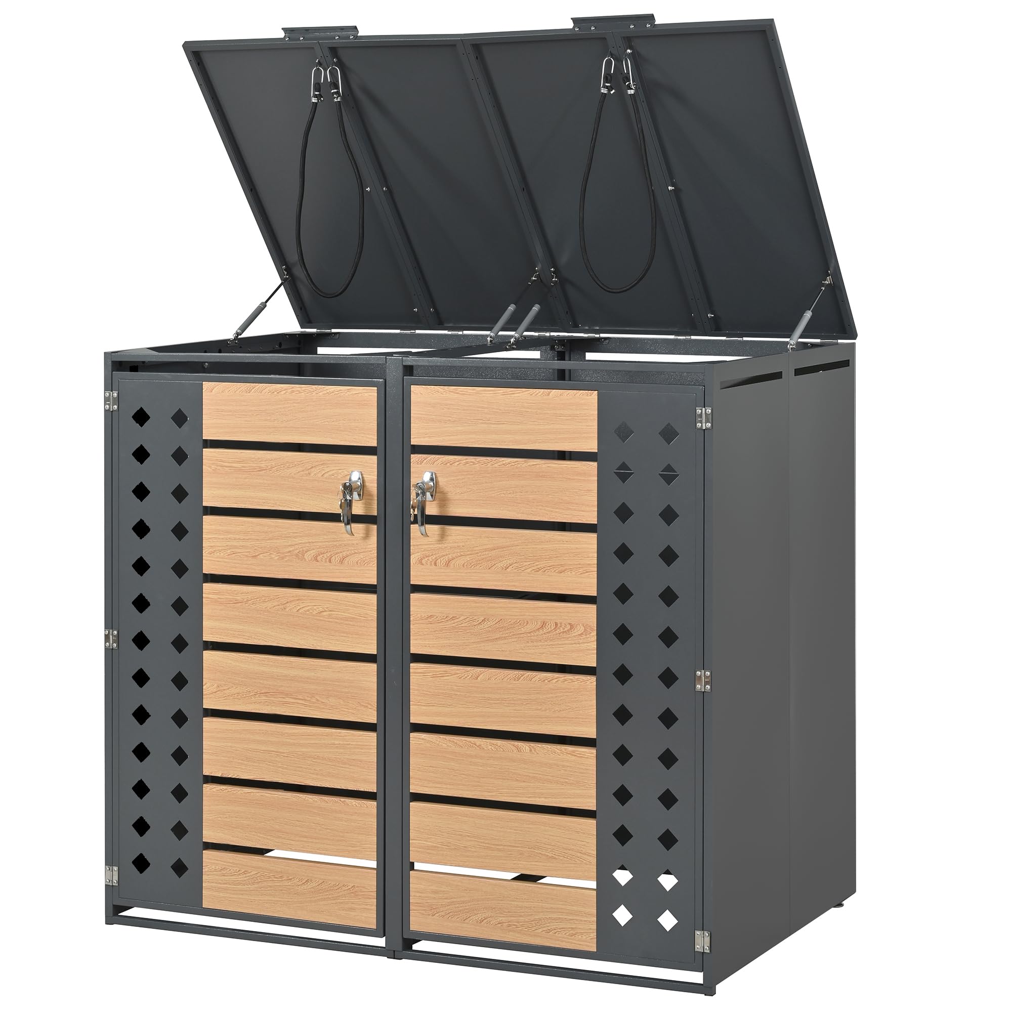 Box per bidoni della spazzatura, 2 pezzi, con effetto legno, strisce trasparenti e coperchio ribaltabile, fino a 240 l, richiudibile, in acciaio zincato, foro diamantato, scatola della spazzatura da