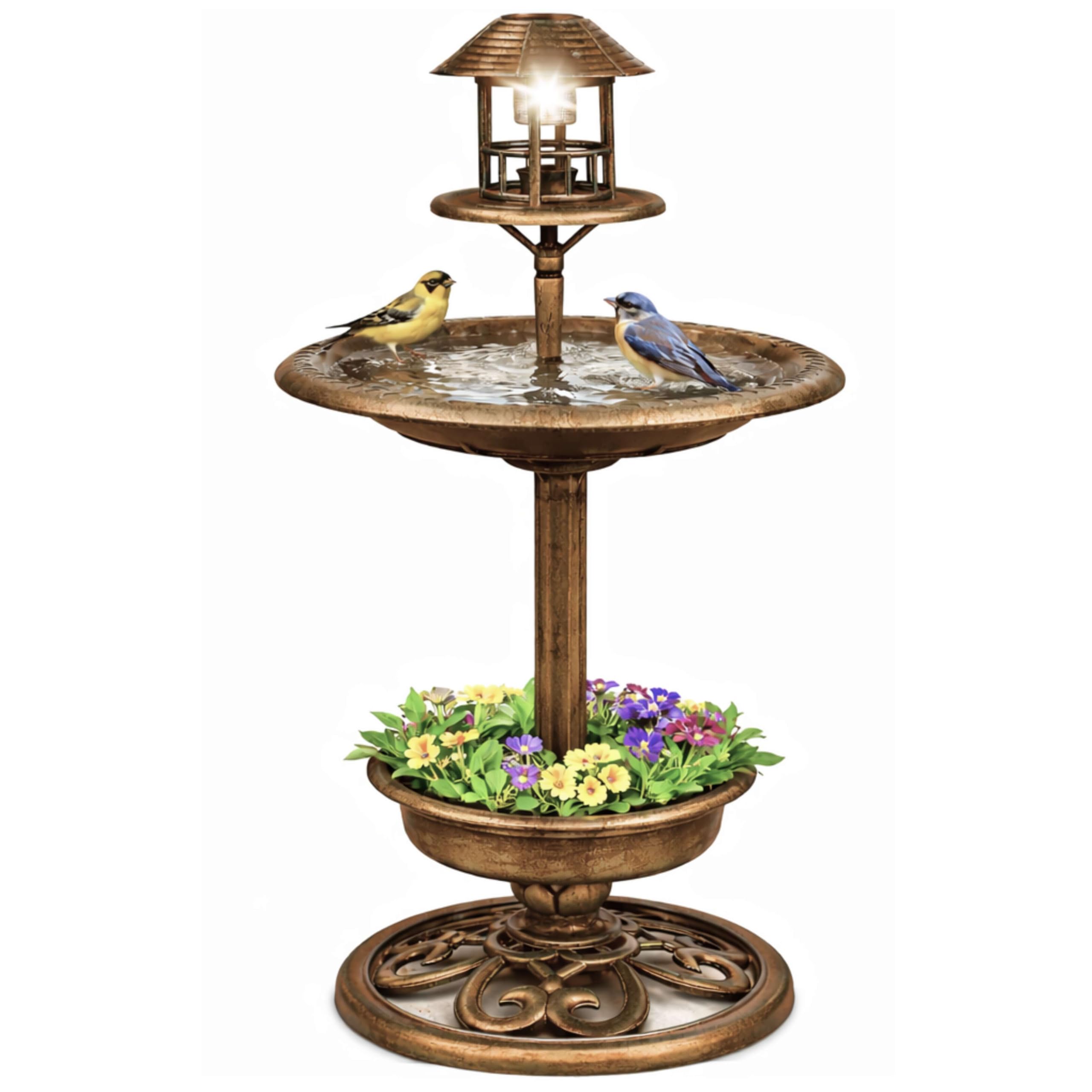 DIVCHI Bird Bath Feeding Station with Solar LED Lights Free Standing Large Feeder Table Planter for Wild Birds Weather Proof Ornament 3-in-1 Garden Outdoor Decor (Bronze)