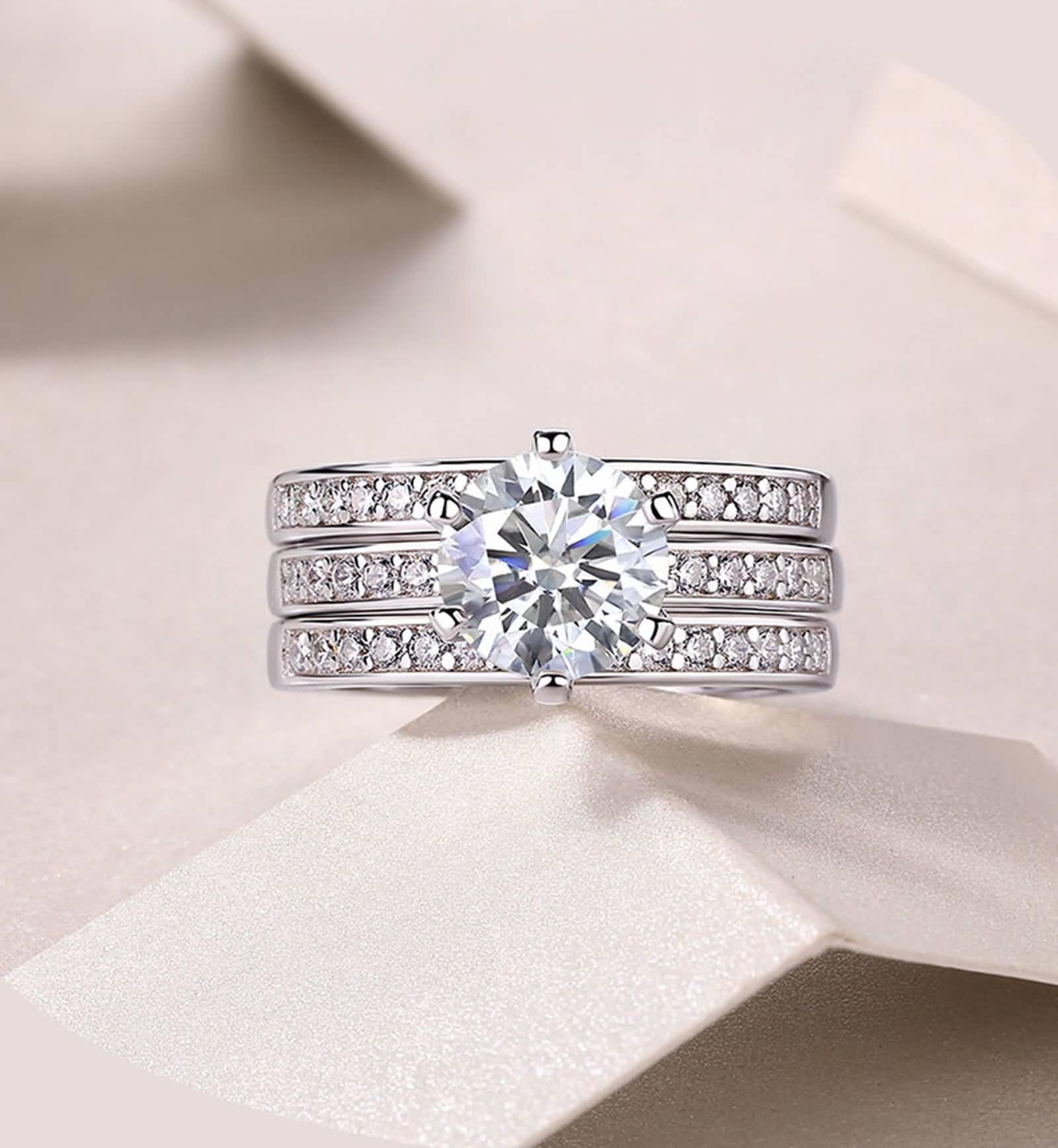 Anillo para mujer de oro, 2 quilates, moissanite, oro blanco, apilable, juego de 3 anillos de compromiso, anillos de oro auténtico para mujer