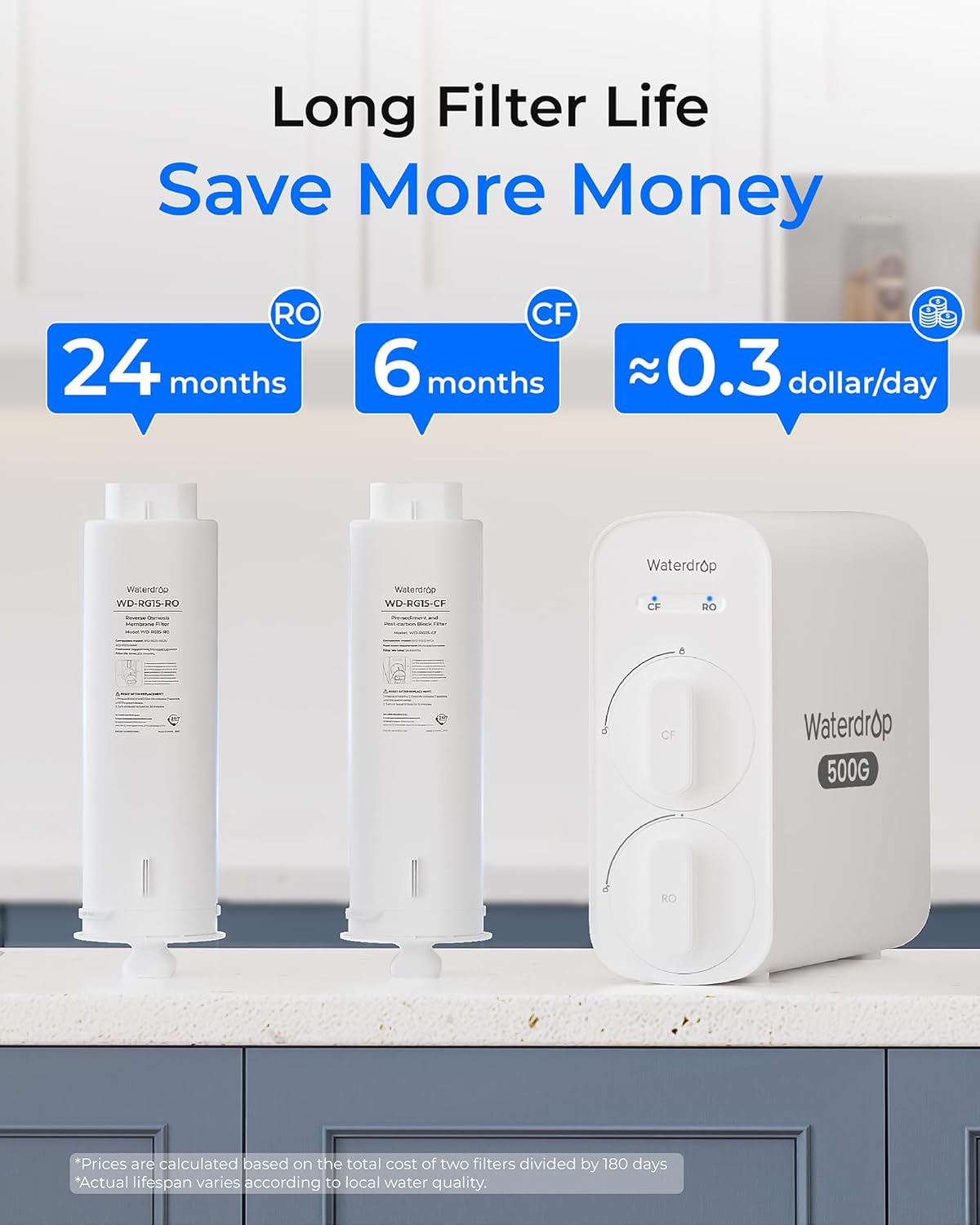 Waterdrop G5P500 Reverse Osmosis Water Filter, NSF/ANSI 58 & 372 Certified, 7 Stage Reverse Osmosis System, 500G RO Water Filtration System, 2:1 Pure to Drain, Reduces TDS PFAS, BPA Free