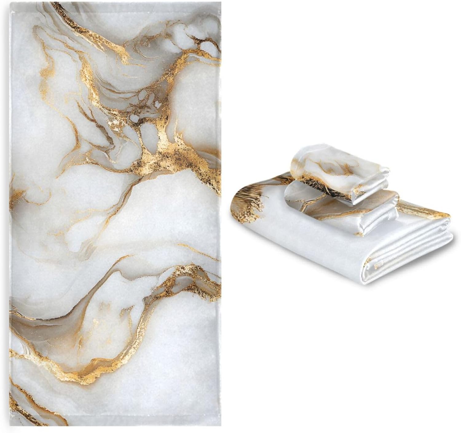 ALAZA White Marble Golden Fluid Bath Towels Set 3 Piece 1 Bathroom Towels 1 Hand Towel 1 Washcloth Soft Luxury Face Towel for Beach Bathroom Decor