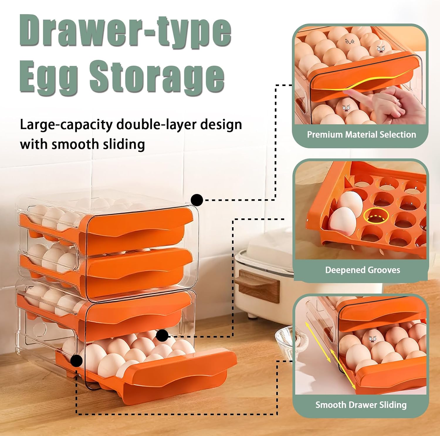 Refrigerator egg tray, refrigerator automatic box, 32 egg dispensers, double-layer transparent stackable refrigerator storage box, refrigerator storage box with handle (orange)