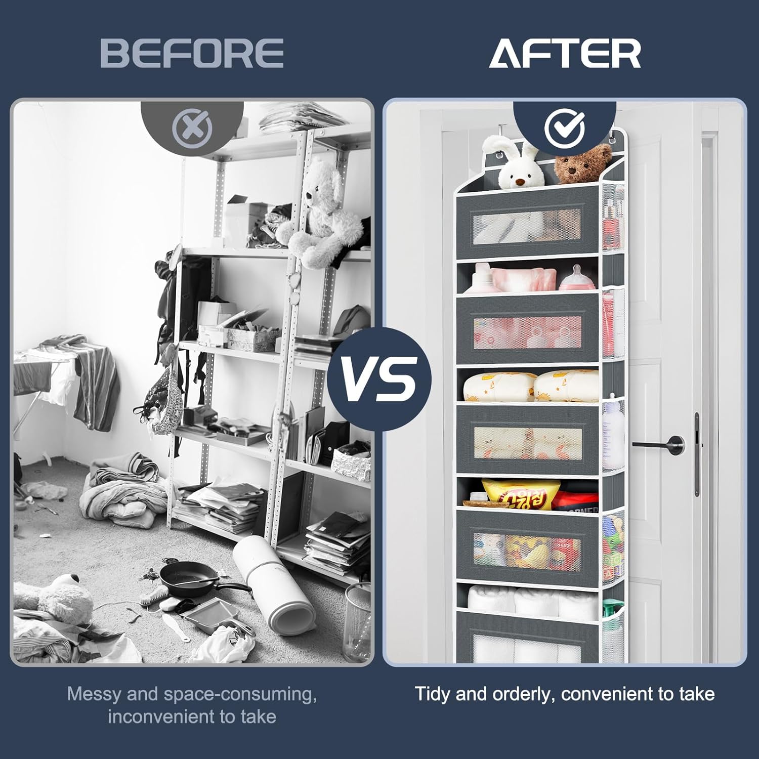 2 Pack 5-Tier Over the Door Organizer with 5 Large Side Pockets, 40lb Ultra Sturdy Large Capacity Behind the Door Storage, Stuffed Animal Storage for Pantry Bathroom Closet Baby Essentials(Grey)