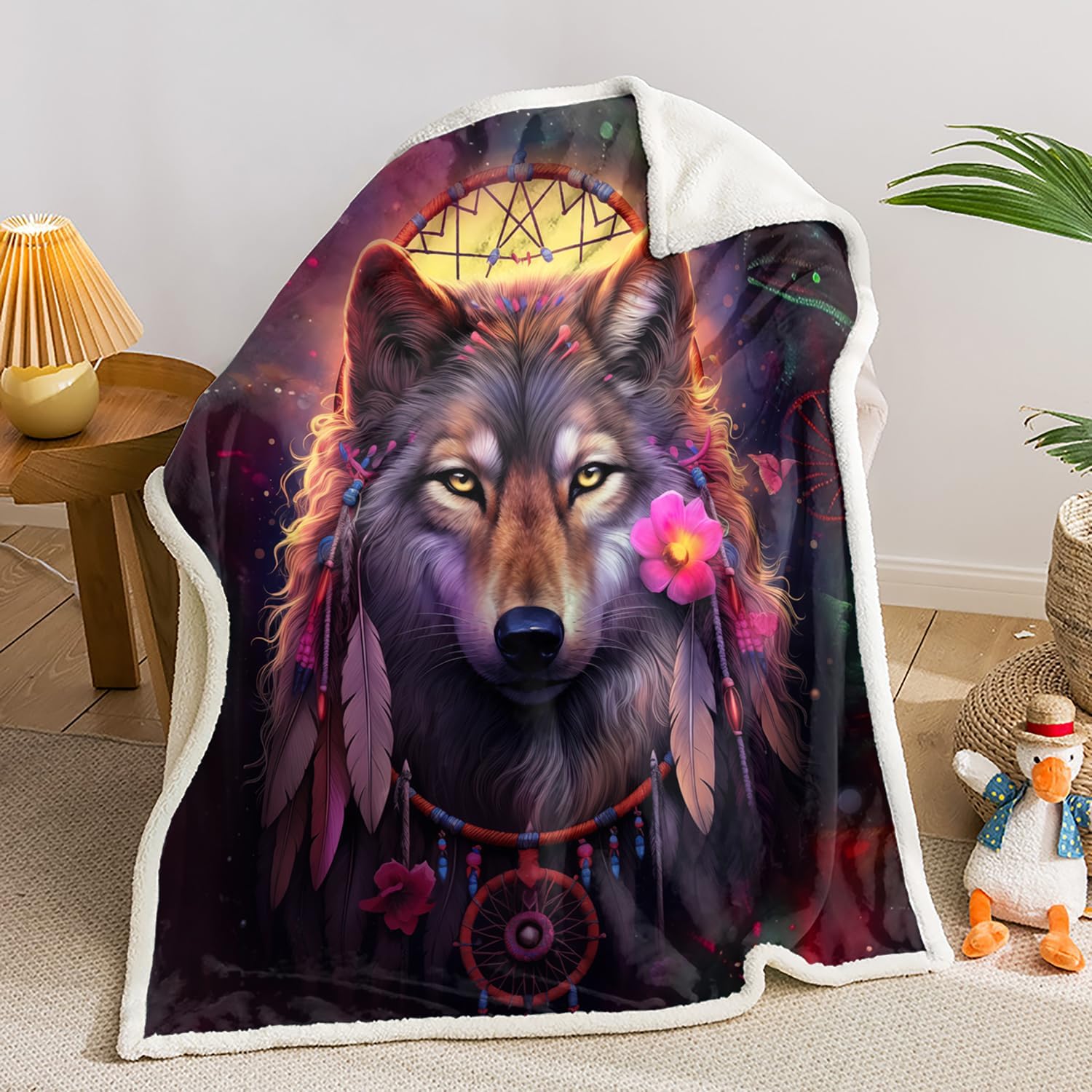 AILONEN Wolf Dream Catcher Throw Blanket,Cozy Soft Sherpa Fleece Blanket for Boys Men Kids,Wild Animal Wolf Blanket for Bed Sofa Couch 70 x 55 Inches