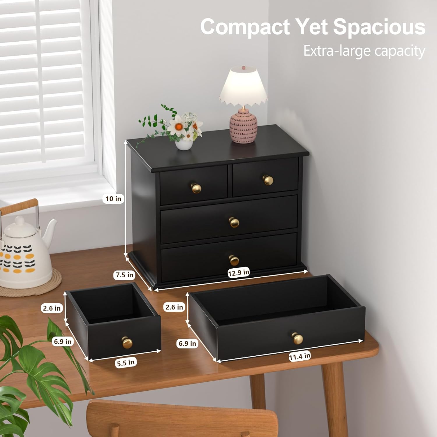 Oak Desk Organizer with Drawers, Durable Wooden Desktop Storage Box with Metal Handles & Non-Slip Silicone Pads, 4 Drawer Tabletop Organizer for Office, Bedroom, Bathroom, Vanity, and Makeup – Black