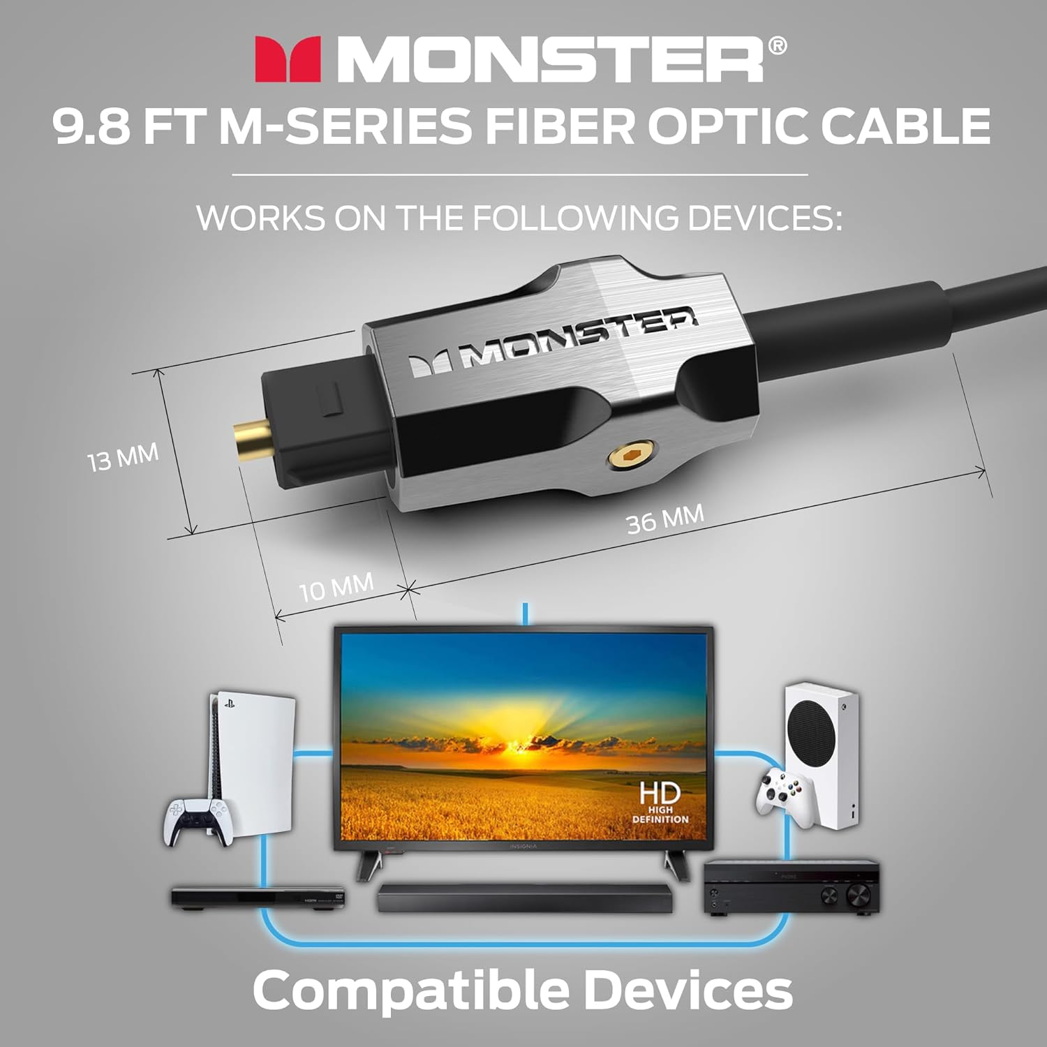 Monster M-Series 1000 Fiber Optical Audio Toslink Cable, Sound Bar Optical Audio Cable with Gold Connectors, 9.8ft