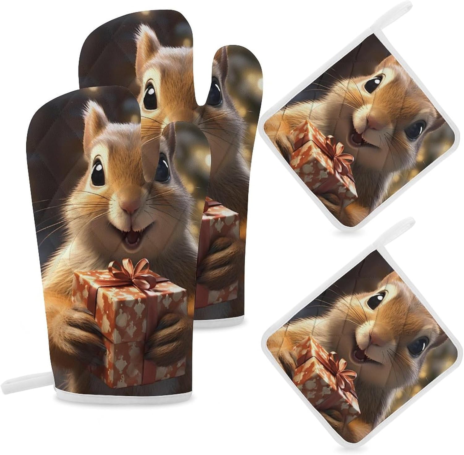 Christmas Squirrel 4 Pcs Oven Mitts and Pot Holders Set High Heat Resistant Long Kitchen Oven Glove Potholders