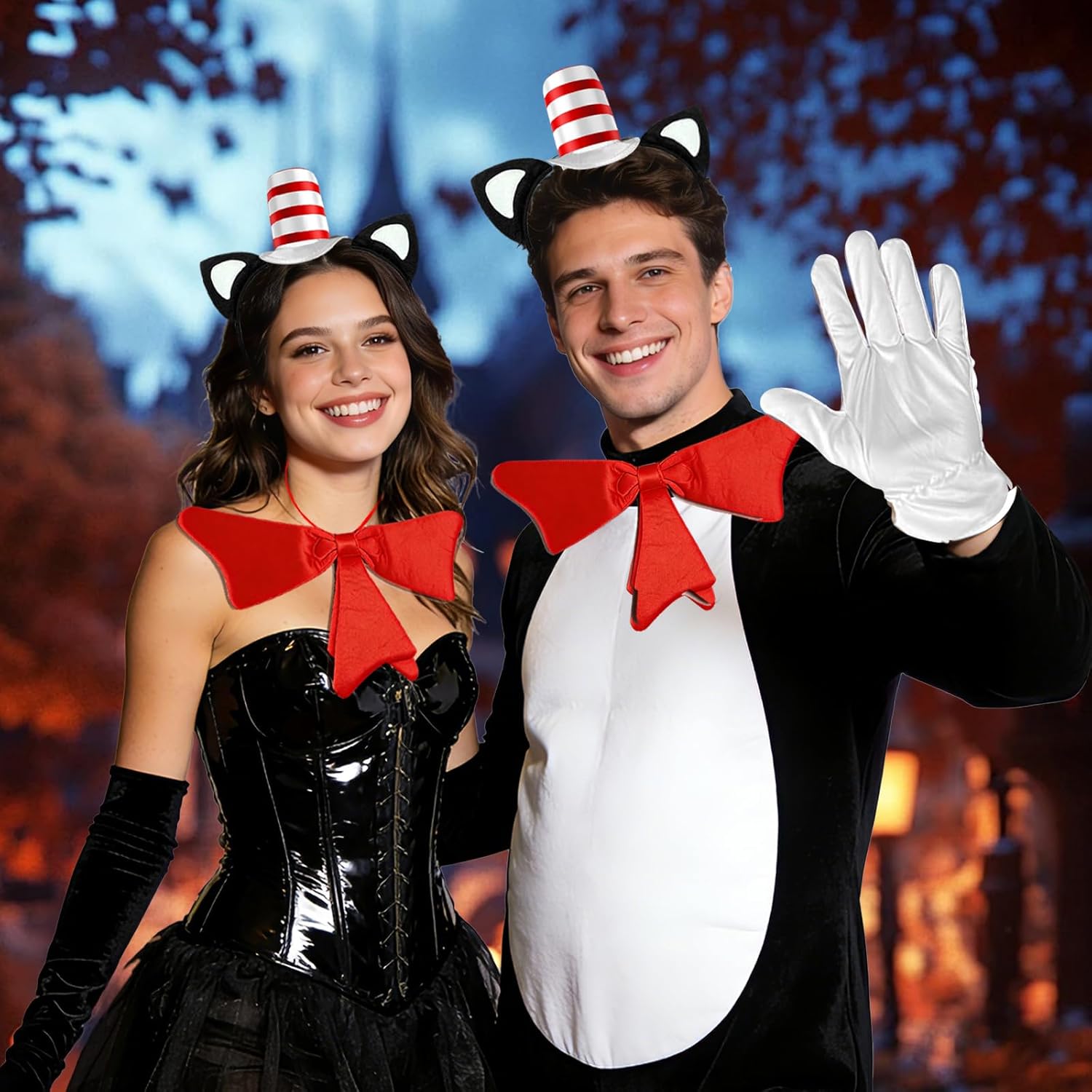 Book Character Costume Accessories Set, Cat Ears Headband with Red and White Stovepipe Hat, Red Bow Tie, White Gloves for Dress Up, Halloween, Cosplay - Image 7