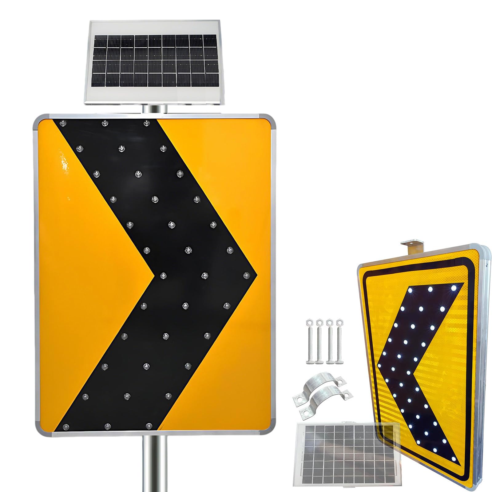Señal Solar LED Parpadeante de Flecha de chevrón, señal de Flecha Izquierda de Aluminio Reflectante de Grado Ingeniero, con Accesorios de instalación, Utilizado en Curvas Cerradas. 16"*24"