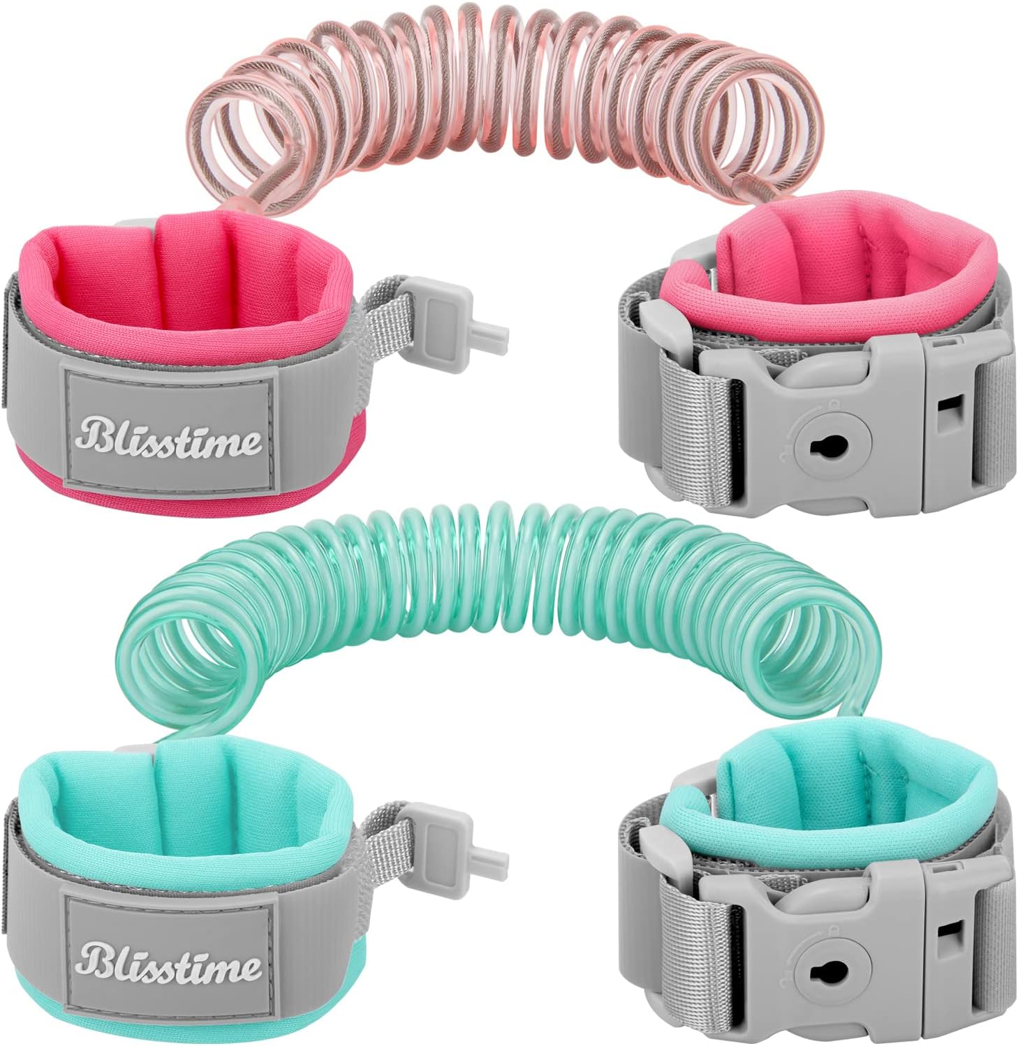 Blisstime Toddler Leash, 2 Pack Kid Leash Anti Lost Wrist Link with Key Lock Baby Leash Harness for Toddler (Mint Green+Pink)