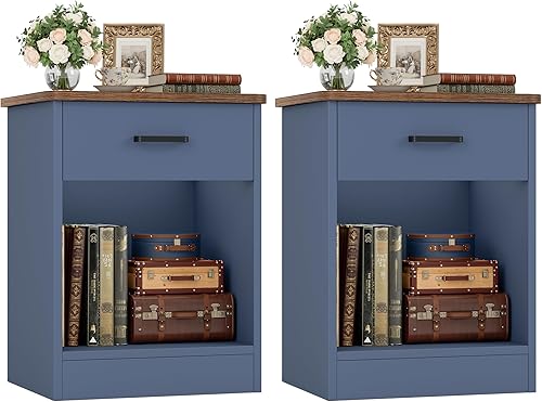 Miniatura 16 de FOTOSOK - Mesita de noche, mesa auxiliar de 2 niveles con cajón y estante de almacenamiento, mesa de noche, mesa auxiliar moderna para dormitorio,