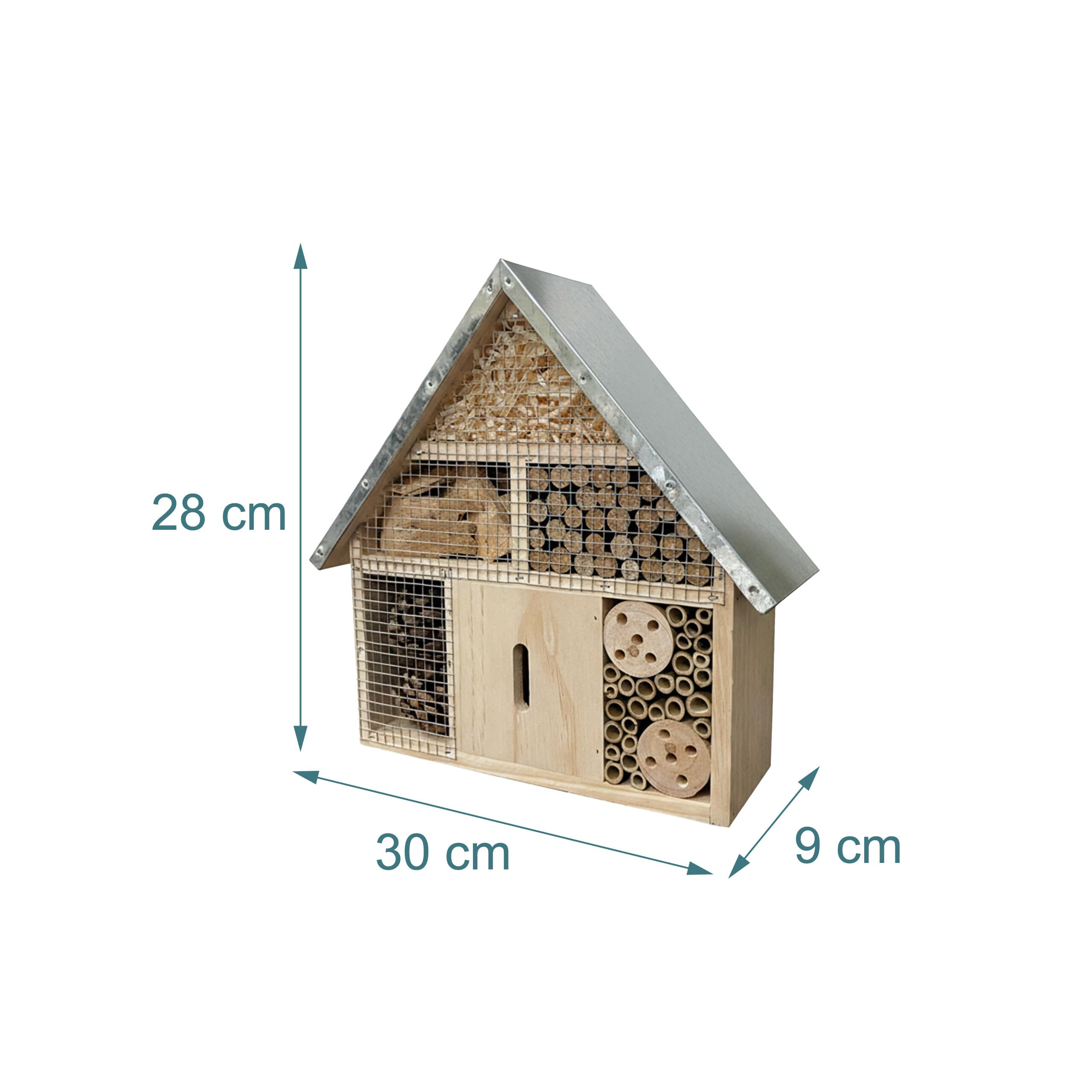 Relaxdays Hotel para Insectos en Madera con Techo Metálico Resistente, 28x30x9 cm, para Colgar, Natural/Plateado