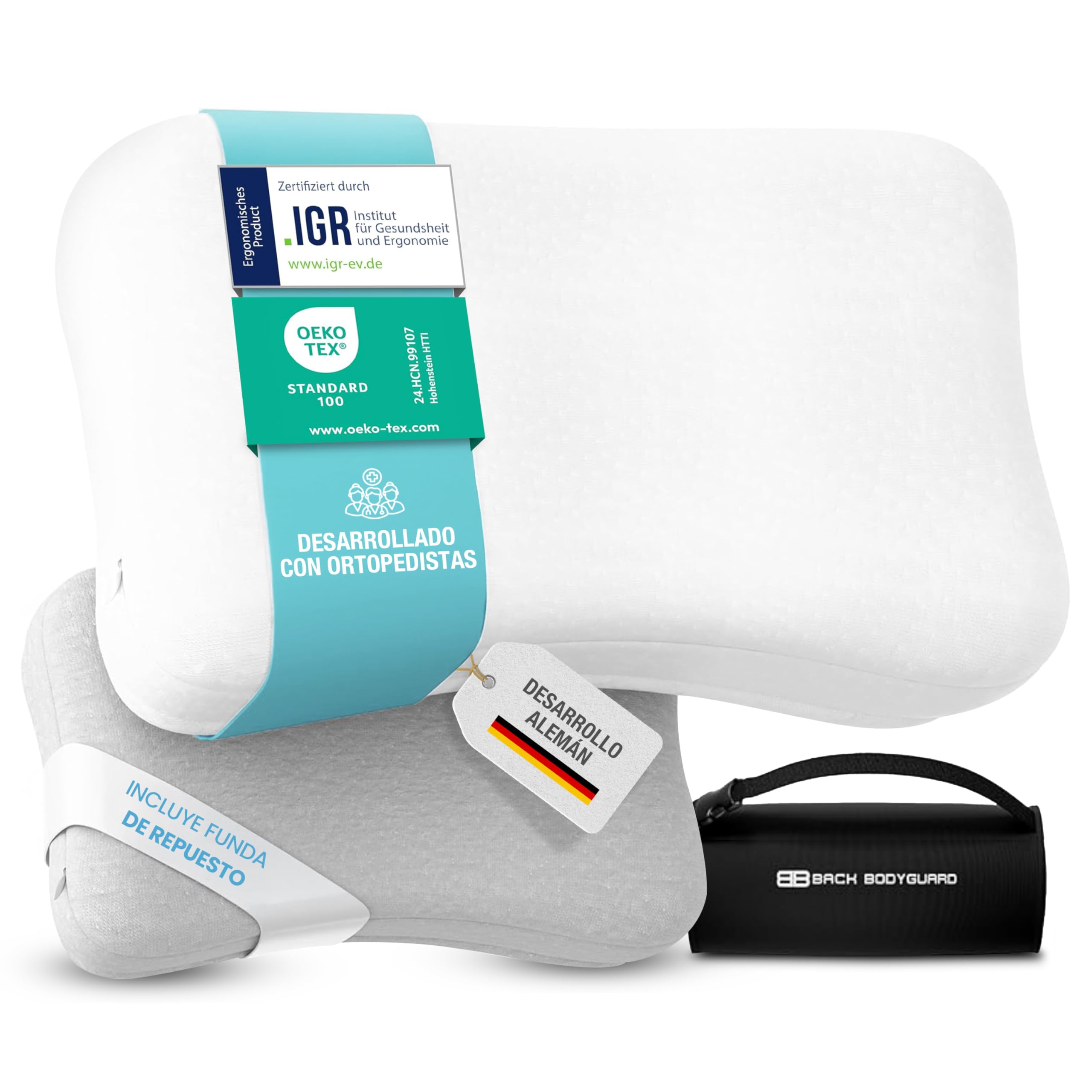 BACK BODYGUARD Almohada Cervical ergonómica con 2 Fundas, Almohada ortopédica, Almohada para Dormir de Espalda con Bolsa de Viaje (50 x 30 x 12 cm)