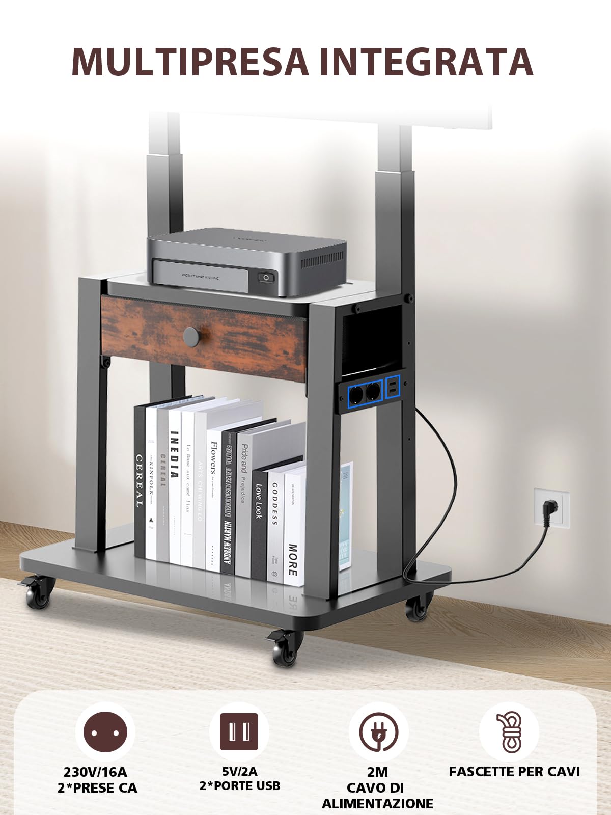 Maiproo Supporto TV con presa di corrente, per schermi piatti e curvi da 32 a 75 pollici, fino a 100 kg (LCD/LED/OLED), supporto mobile per TV con cassetto in tessuto e ruote, altezza regolabile