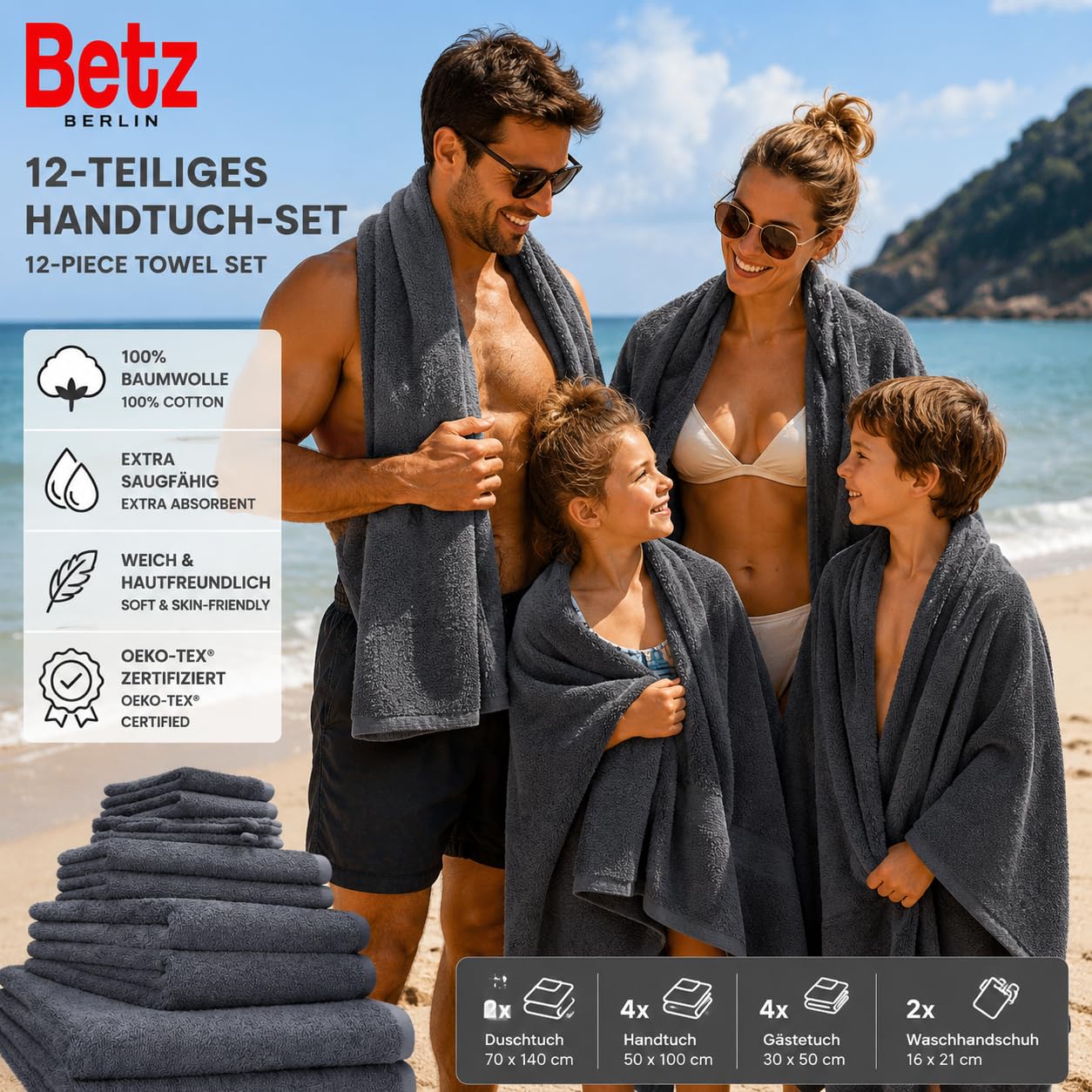 Betz Lot de 12 pièces Berlin 100% Coton 2 Draps de Bain 4 Serviettes de Toilette 2 d'invité 2 lavettes 2 Gants de Toilette Couleur Gris foncé - Berlin