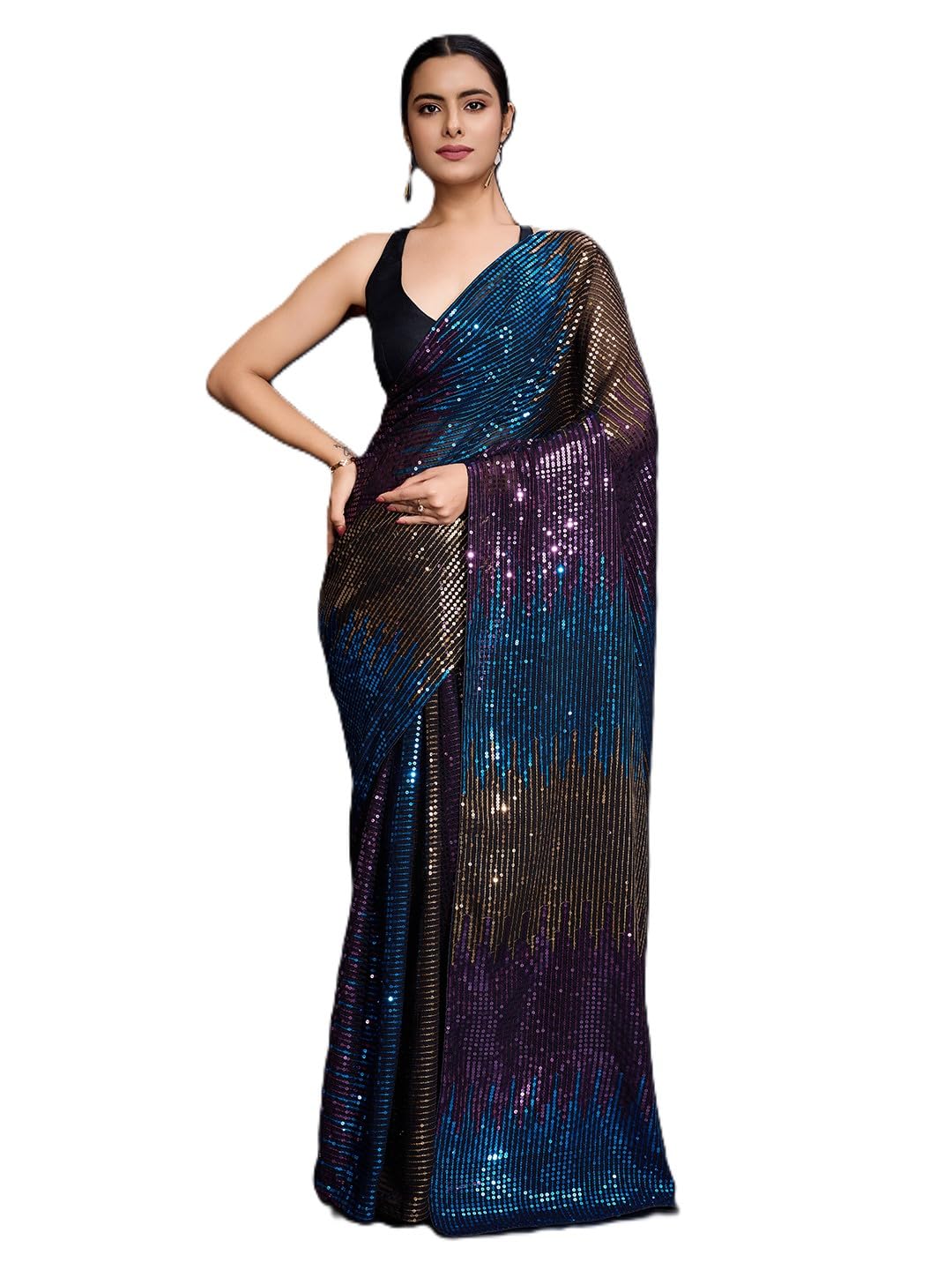 florely Women's Sequence Georgette Lightweight And Comfortable Saree With Unstitched Blouse-picture-2