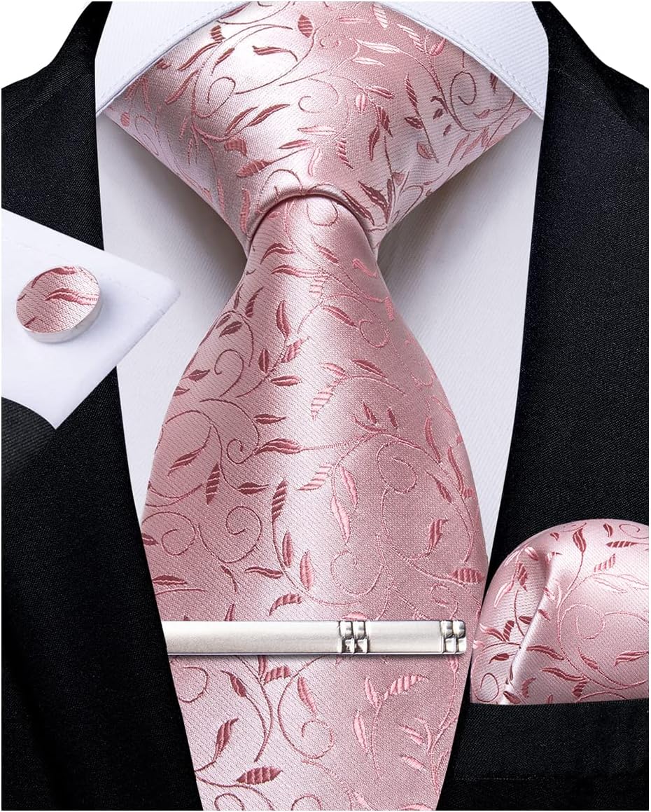 DiBanGu Silk Floral Ties for Men Woven Paisley Necktie and Tie Clip Handkerchief Cufflinks Set for Party Wedding