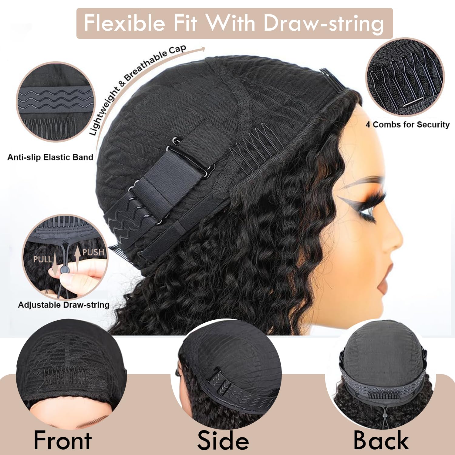 LESLY 18 Inch Kinky Curly Half Wig Human Hair 3 IN 1 Half Wig With Drawstring Seamless Clip Ins Flip Over Glueless Wigs Beginner Friendly Curly Half Wig For Women 200 Dnsity.