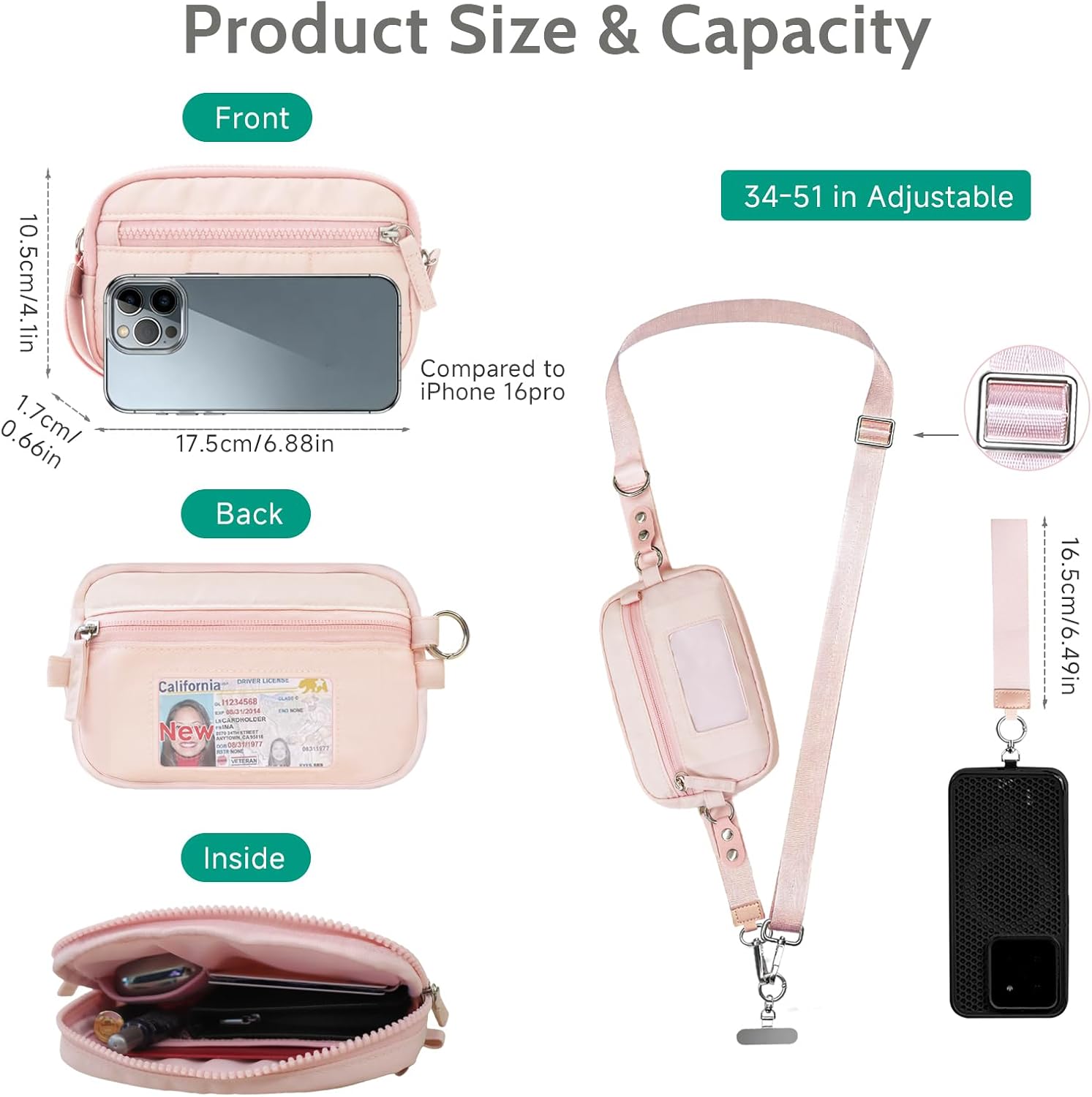 Phone Lanyard Clip and Go Strap for Phone with Wallet Nylon Quilted RFID Wristlet Travel Wallets with Zipper ID Window