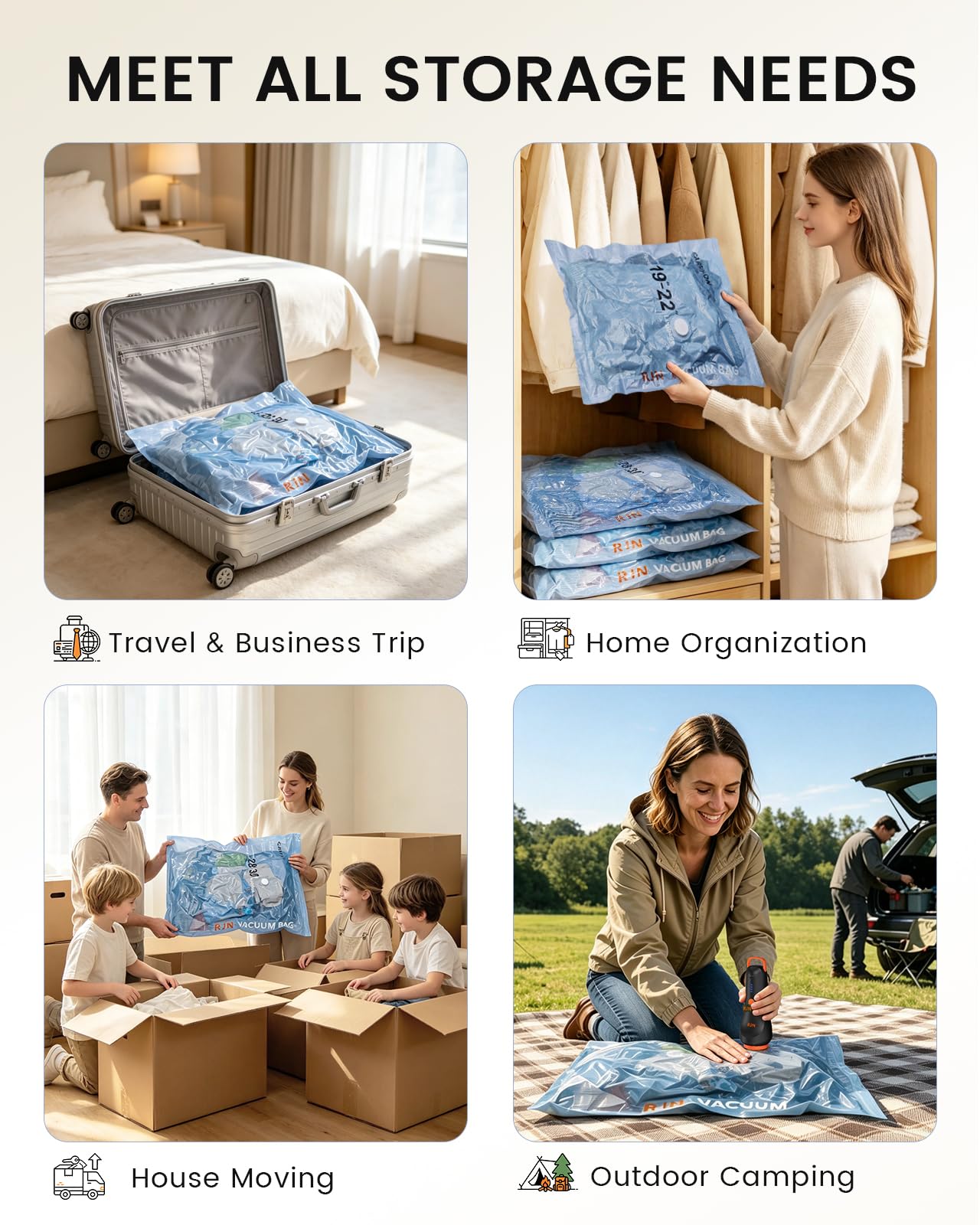 RJN Sacchetti sottovuoto con pompa ad aria wireless ricaricabile, sacchetti di imballaggio a compressione per viaggi, sacchetti sottovuoto salvaspazio per abbigliamento, coperte, trapunte, cuscini
