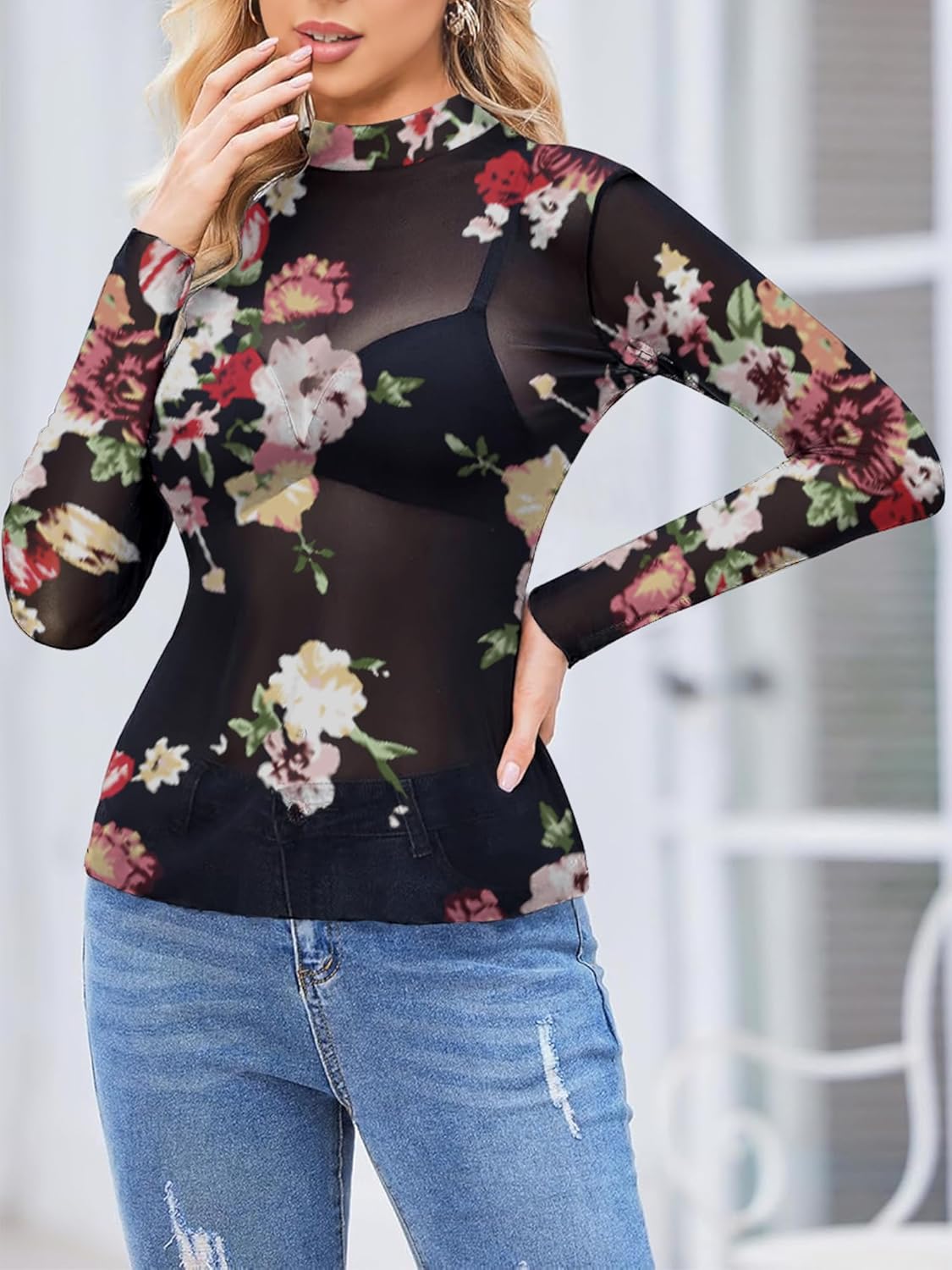 MAYFASEY Women's Floral Mesh Long Sleeve Top Mock Neck See Through Sheer Blouses Shirt Fitted Sexy Going Out Tops - Image 2