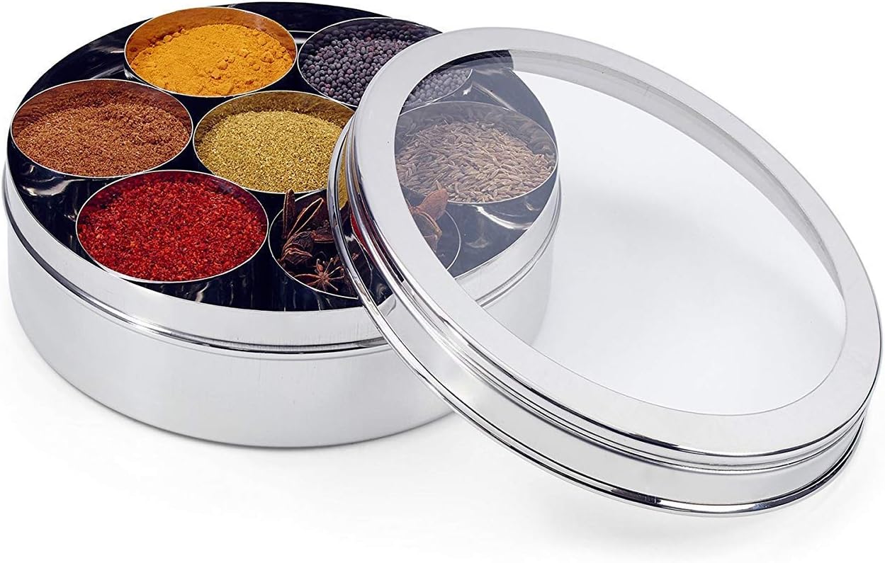 Big Transparent Spice Container with Lid, Stainless Steel Masala Dabba, Indian Spice Box, 7 Containers, Diameter: 22 cm, Height: 8 cm