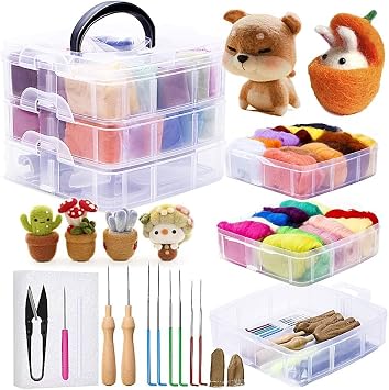 JUPEAN Needle Felting Kit, 24 Colors Wool Roving 5g/Color, Complete Needle Felting Starter Kit with Needle Felting Supplies Wool Fibre Spinning Craft Felting Kits for Beginners