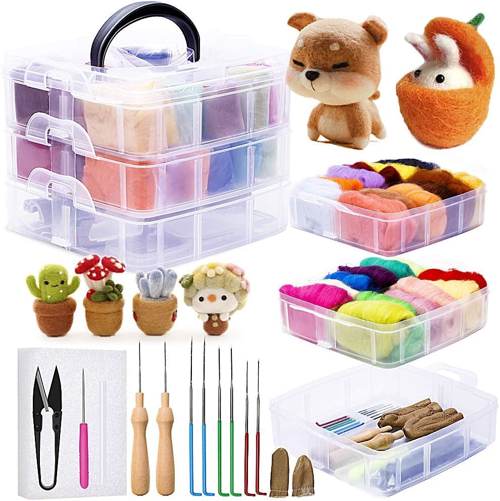 JUPEAN Needle Felting Kit, 24 Colors Wool Roving (5g/Color), Complete Needle Felting Starter Kit with Needle Felting Supplies Wool Fibre Spinning Craft Felting Kits for Beginners