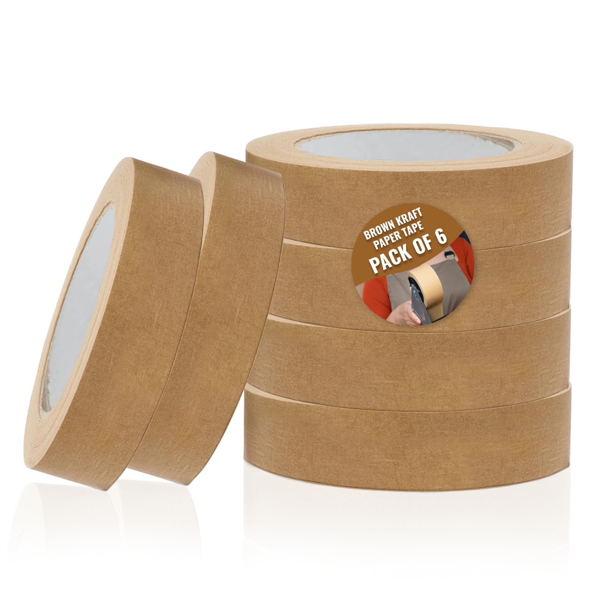 Simplz Kraft Paper Tape 24mm x 50m, 6 Rolls | Brown Self Adhesive Paper Tape for Picture Framing, Crafts, Gift Wrapping, Small Parcels & Packaging