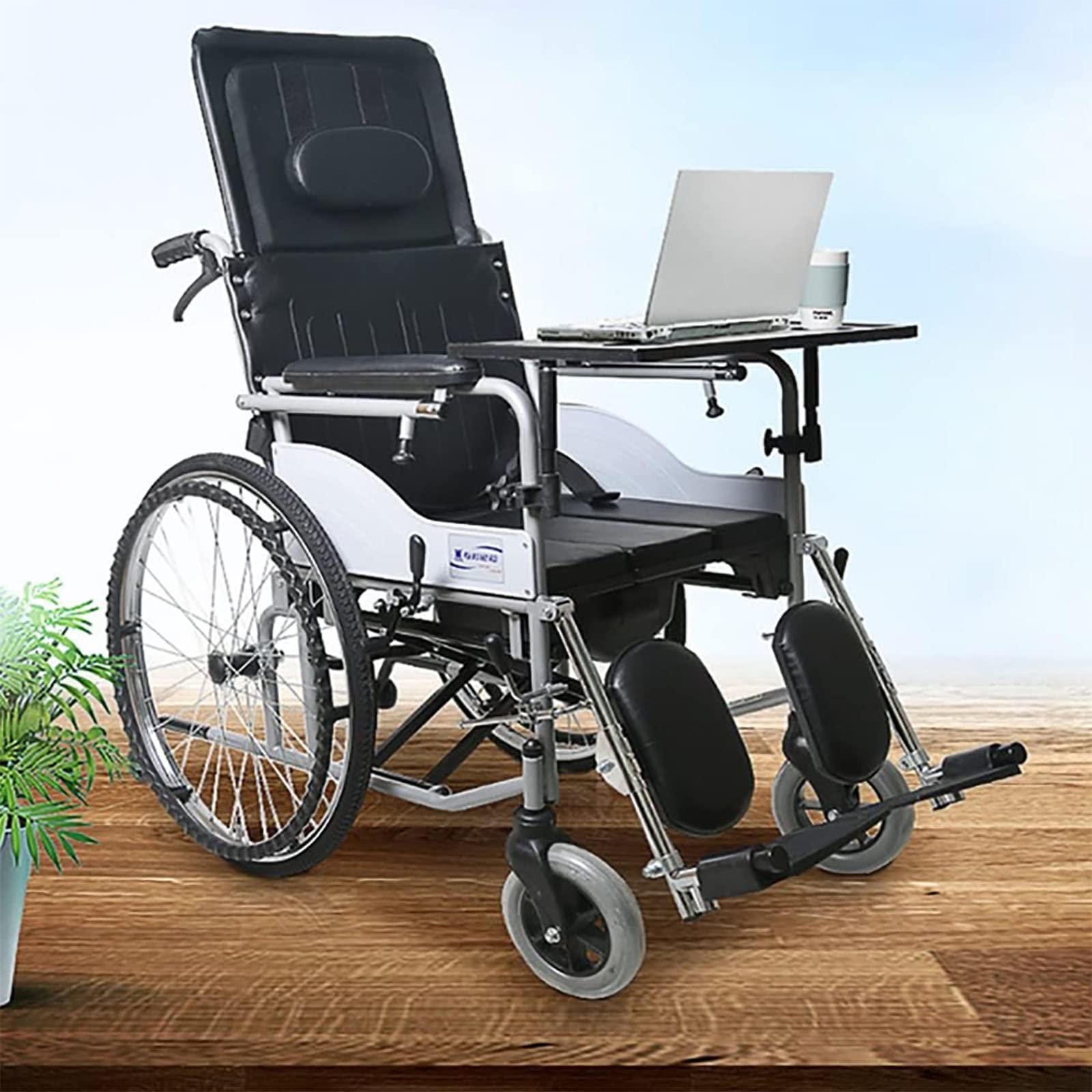 PEAMAN Ultra Ligero Plegable Silla de Ruedas, Reclinable estándar con reposacabezas extraíble Ayuda a la Movilidad Silla de Viaje cómoda y...