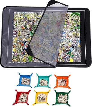 Jigsaw Puzzle Board, 1000 Pieces Foldable Puzzle Mat, Portable Jigsaw Mat with 6 Sorting Trays & Dustproof Cover, Non-Slip Jigsaw Accessories Puzzle Storage Board for All Types of PuzzlesBlack