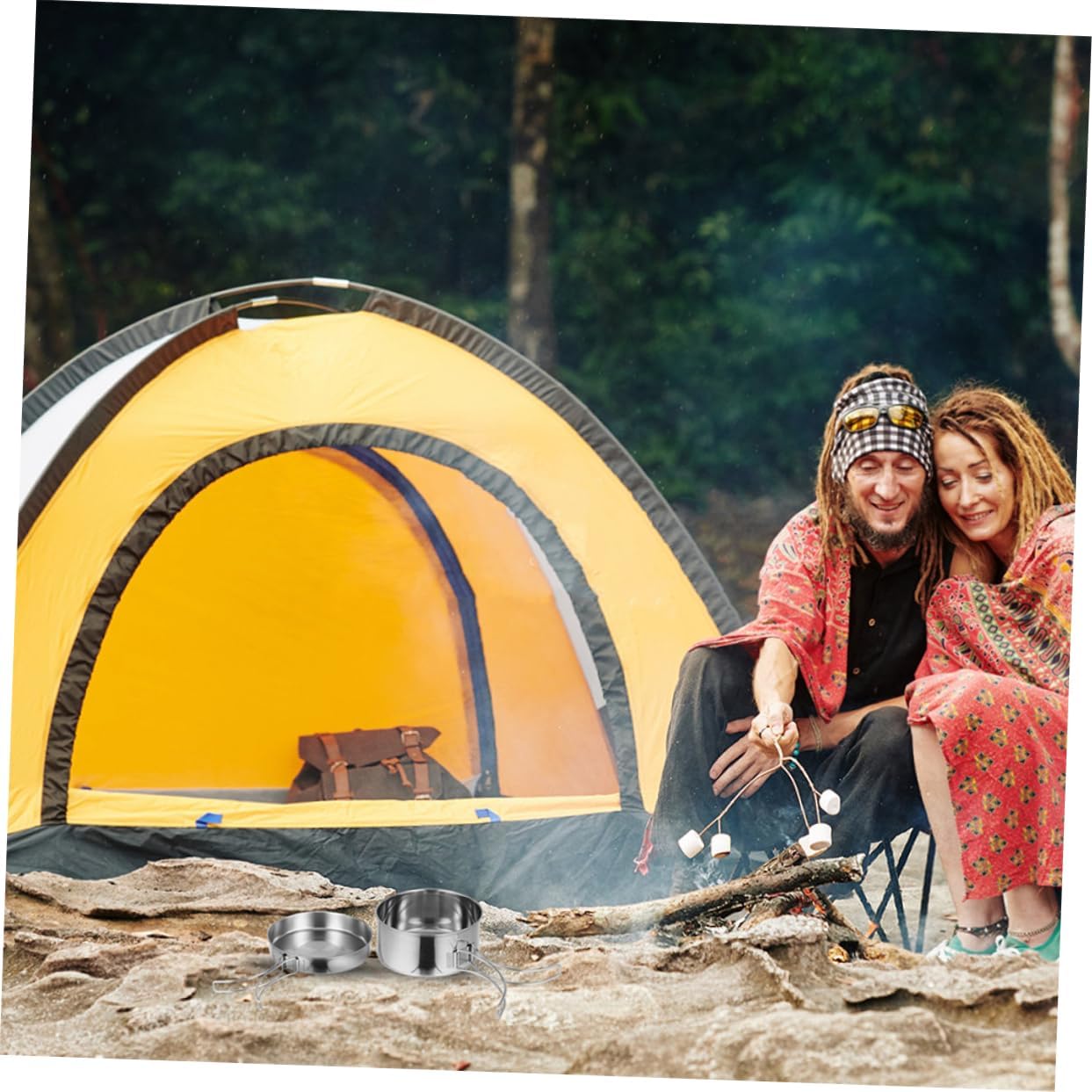 8-Piece Stainless Steel Camping Cookware Set Foldable Outdoor BBQ Cooking Kit Pots Pans and Cups for 5-6 People for Hiking Picnics and Camping Trips