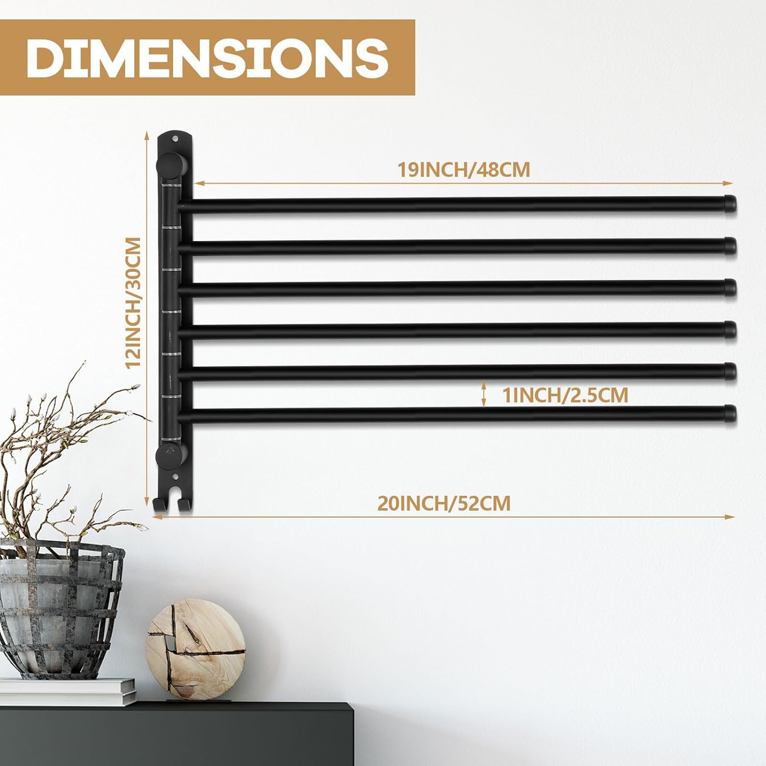 Teenyyou Swivel Towel Rack 20.4 Inches 304 Stainless Steel 6 Arms Bathroom Towel Rack Hanger Space Saving Pool Holder Wall Mounted Swivel Bar with Hook, Matte Black