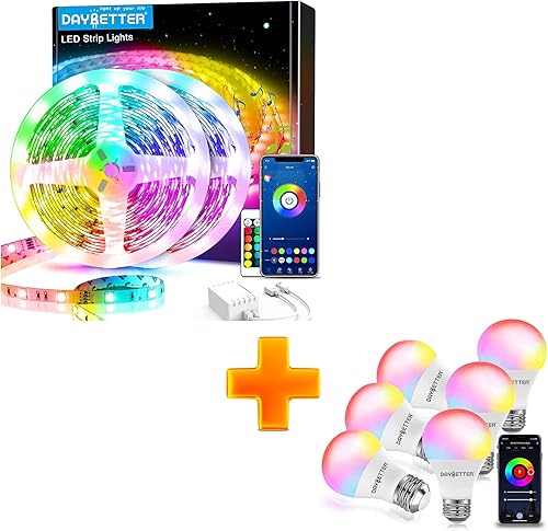 DAYBETTER Luces LED inteligentes de 60 pies, 5050 RGB LED Kits de luces de tira de luces inteligentes paquete de 6 bombillas