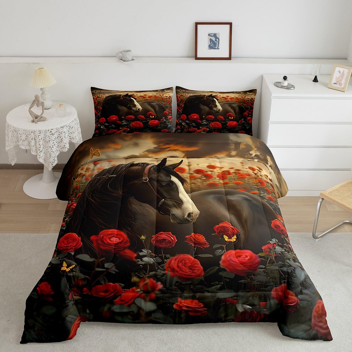 Feelyou Kids Horse Comforter Set Twin, Galloping Bedding Set Rose Black Duvet 2Pcs Room Decor Quilt Collection for Boys Girls Toddler